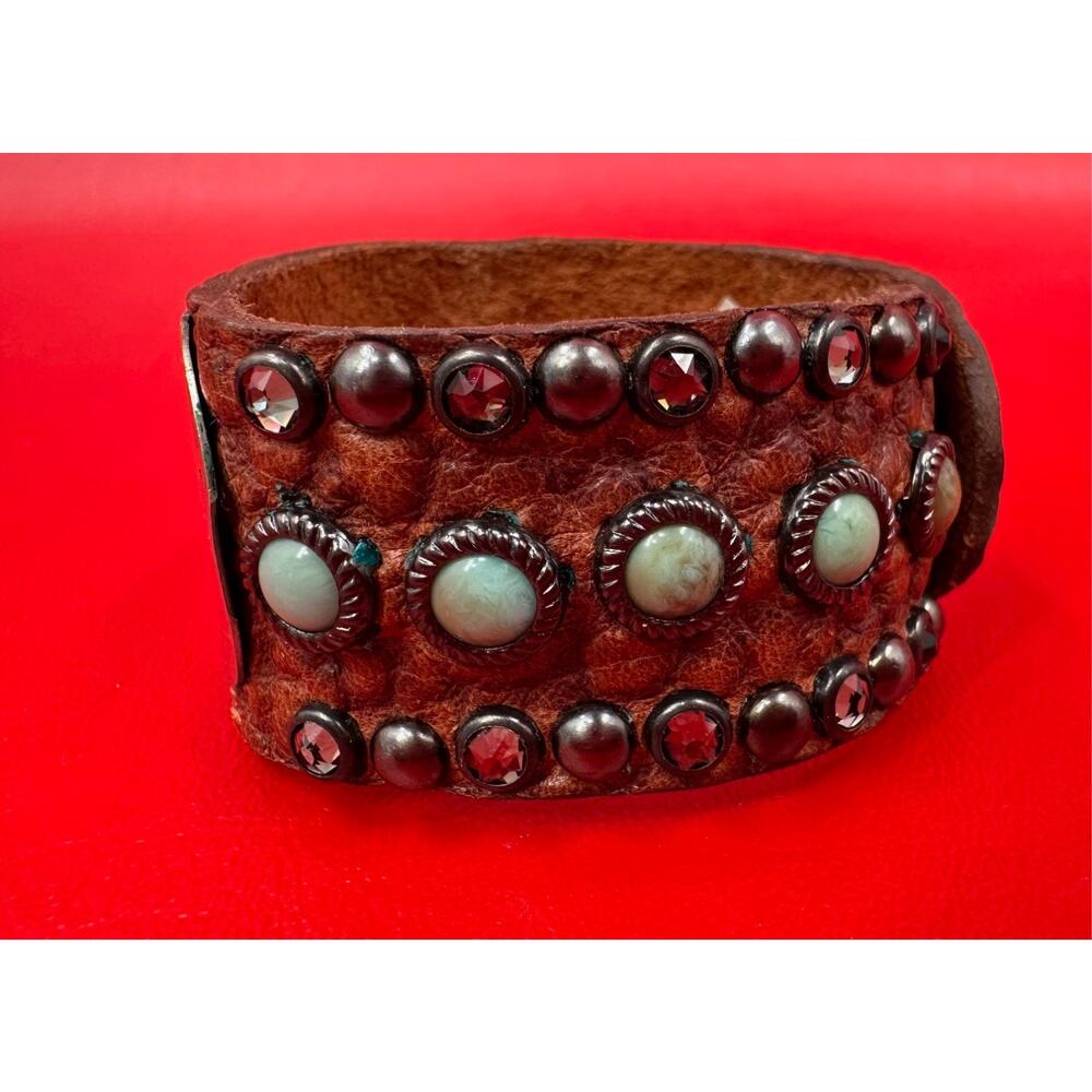 The Rowdy Cowgirl Leather Turquoise Rhinestone Classy Sassy Cuff Bracelet NWT - Picture 4 of 15